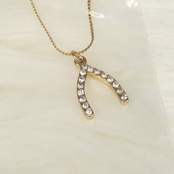 Forever 21 Gold Rhinestone Wish Bone Necklace Dainty Minimalist - Picture 5 of 6